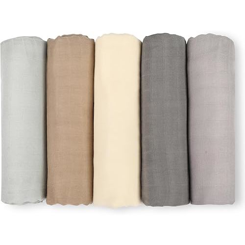 Muslin Swaddle Blankets for Newborn, 5 Pack Neutral Receiving Blanket, Muslin Blanket Swaddles Wrap for Boys and Girls, Baby Essentials, 47x47 Inches Large Size, Grey Solid