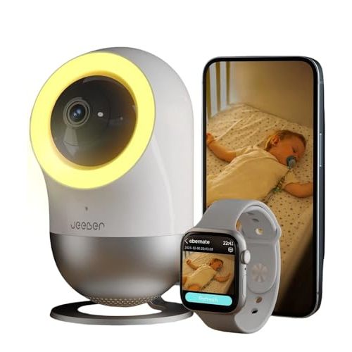 jeeber 2.5K UHD Baby Monitor WiFi Smartphone, IP Camera Indoor, AI-Tailored Sleep Training, Motion & Cry Detection, Night Light, Real-Time Alerts for Smartwatch (No Subscription)