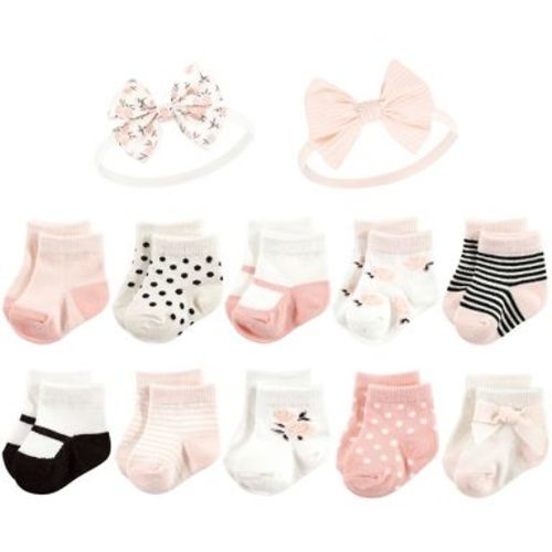 Hudson Baby Infant Girl Sock and Headband 12pc Set, Soft Pink Roses, 0-9 Months