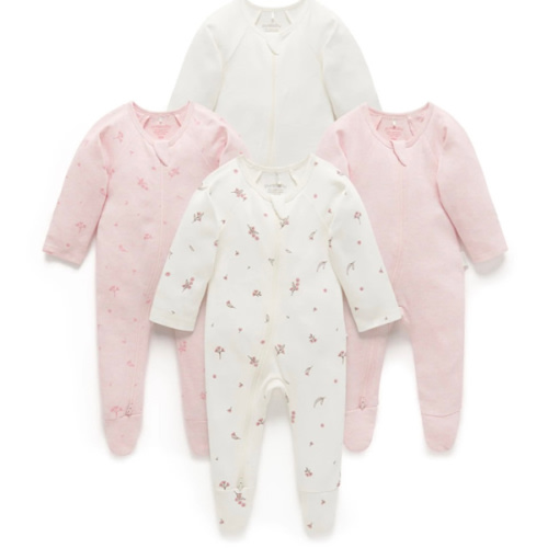 4 Pack Baby Growsuits – Pale Pink Blossom | Purebaby