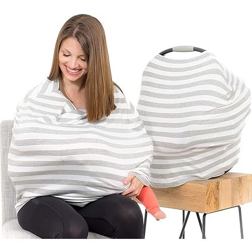 Car Seat Covers for Babies - Stretchy, Lightweight, and Extra Soft Nursing Cover - Multiuse - Covers Carseat, High Chairs, Shopping Carts - Bonus Infant Baby Beanie and Bag (Grey and White)