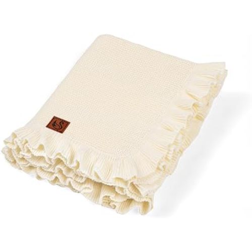 Ruffle Knit Blanket for Baby - 100% Luxury Soft Cotton Knit Warm Cozy Cuddle Stroller Crib Blanket for Newborns, Infants, & Toddlers (Cream)