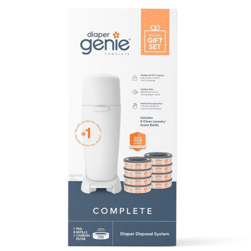 Diaper Genie Registry Gift Set | Includes Diaper Genie Complete Diaper Pail, 8 Refill Bags, 1 Carbon Filter | Perfect Starter Kit
