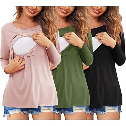 Ekouaer Women 3 Packs Nursing Shirts Long Sleeve Maternity Tops Double Layer Breastfeeding Tees Round Neck Pregnancy Blouse
