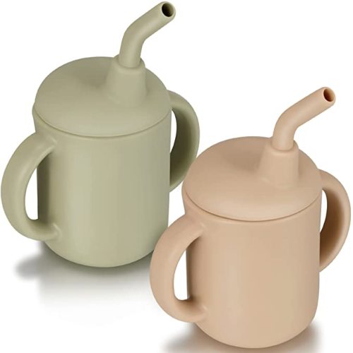 2 Pieces Toddler Cups Silicone Training Sippy Cups with Straw Lid and Non Slip Handles Spill Proof Trainer Cup Transition Cup for Baby Toddler Infant (Neutral Colors)