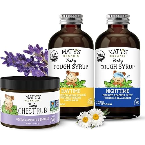 Matys Baby Cough Care Bundle, Organic Day & Night Cough Syrups 2-pk Plus Baby Chest Rub Ointment for Babies & Infants 3 Months +, Melatonin Free, 3pcs