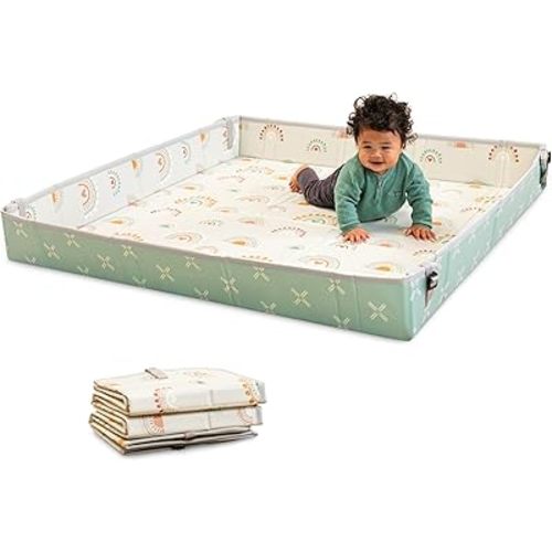 Infantino Foldable Soft Foam Mat, Extra Large Double-Sided Cushioned Portable Play Mat with Fold-Up Sides, Non Slip Crawling & Playing for Infants and Toddlers, Rainbows