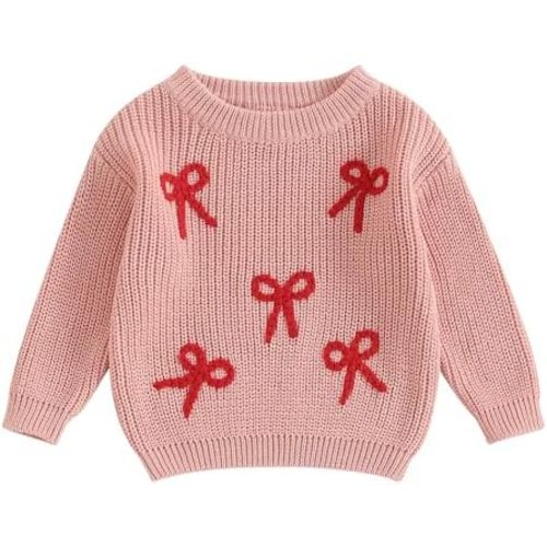Toddler Baby Girl Sweater Bow Embroidery Warm Knitted Long Sleeves Pullover Infant Sweatshirt for Fall Winter