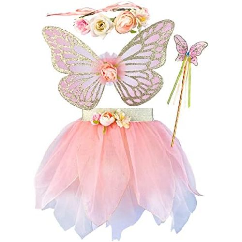 DJDLPARTY Girls Fairy Costume Set with Butterfly Wings Tutu Wand and Halo Headban