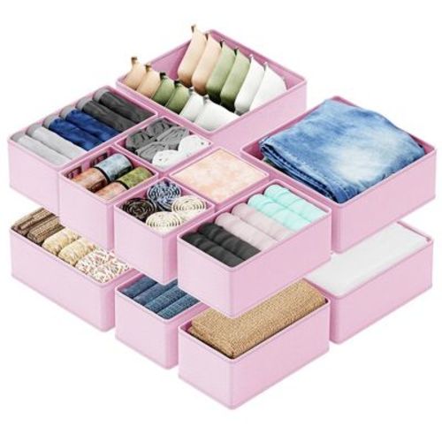 Set of 12 Collapsible Drawer Organizer Bins for Clothes, Closet Organizers and Storage Dividers for Clothing (Pink)