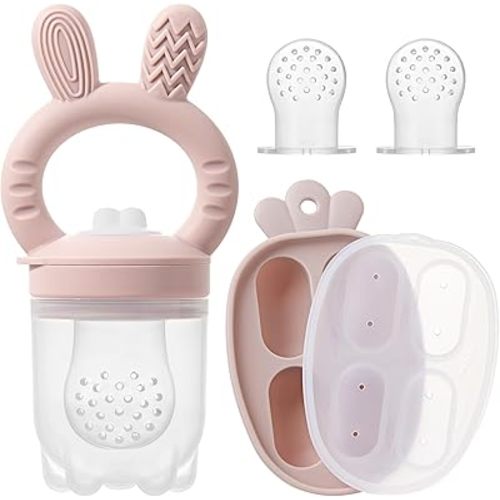 Silicone Baby Fruit Feeder with Freezer Tray Baby Food Feeder Popsicle Molds for Teething Relief Includes Extra Food Pouches (Rose Pink)