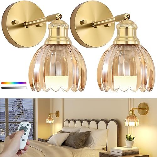 VOLISUN Vintage Battery Operated Wall Sconces, with Amber Tulip Glass Lampshade, Wireless Wall Sconces Set of Two, Rechargeable Battery Powered Wall Lights, Sconces Wall Decor for Bedroom Living Room
