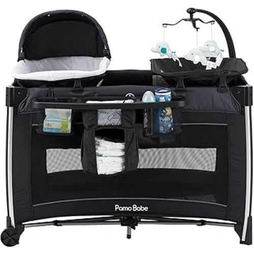 Pamo Babe 4 in 1 Baby Playards with Bassinet & Changing Table, Portable Crib Breathable Mesh and Toy Mobile