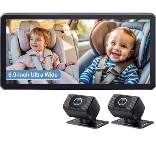 2-Kids Baby Car Camera for Seat: 6.9 Inch Ultrawide Display with Two Cameras Rear Facing - USB Powered Backseat Camera HD 1080P Easy to Install