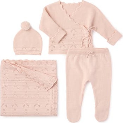 Organic Cotton & Cashmere Pointelle Hat, Top, Pants & Blanket Set, Newborn