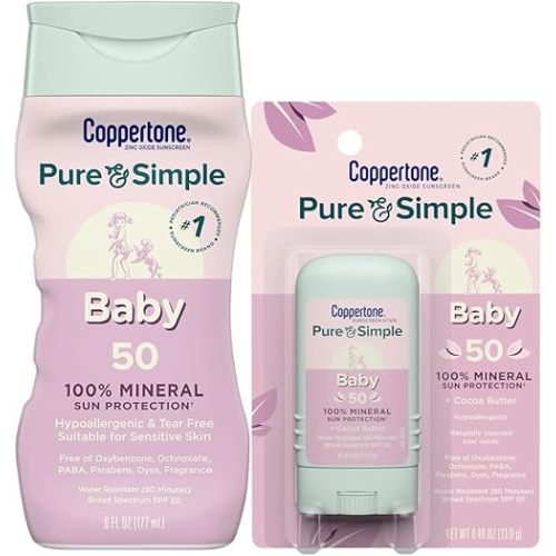 Coppertone Pure and Simple Baby Mineral Sunscreen Lotion SPF 50 (6 Fl Oz) + Baby Sunscreen Stick SPF 50 (0.49 Oz), Hypoallergenic and Fragrance Free