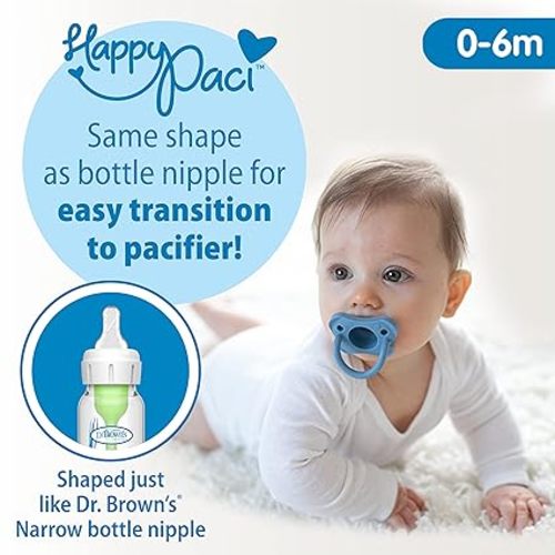 Dr. Brown's HappyPaci 100% Silicone Baby Pacifier, Contoured One-Piece Design, Blue, 0-6m, BPA-Free, 4 Pack