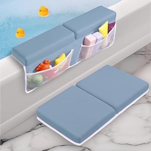 Baby Bath Kneeler and Elbow Rest Pad Set - Baby Bath Support for Knees and Elbows - Bath Kneeler Pad with Memory Foam and Bath Toys Organizer - Ideal Bath Kneeling Pad for Bathing Baby - Blue