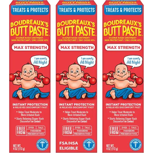 Boudreaux’s Butt Paste Max Strength Diaper Rash Cream for Baby, Ointment With Zinc Oxide, 4 oz Tubes, 3 Pack