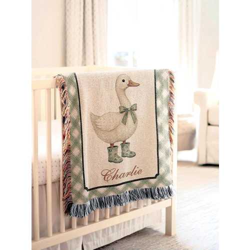 Goose Baby Blanket Boy with Name Gingham Green Cotton Woven Fringe Blanket Farm Nursery Bedding Storybook Baby Blanket Heirloom
