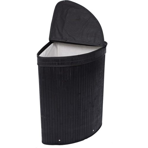 BirdRock Home Corner Laundry Hamper with Lid and Cloth Liner - Bamboo - Black - Easily Transport Laundry Basket - Collapsible Hamper - String Handles