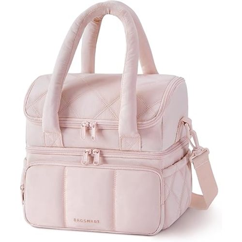 BAGSMART Lunch Bag Women, Double Deck Insulated Lunch Box, Quilted Puffer Lunch Tote, Leakproof, Durable & Reusable Large Lunch Cooler For Work Picnic Travel Meal Prep, Pink