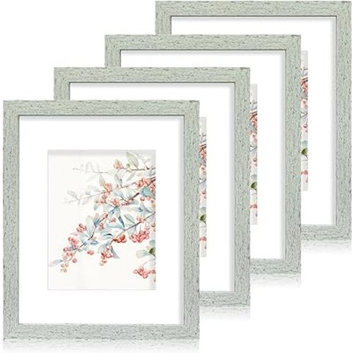 11x14 Picture Frame Set of 4, Made of Real Glass and Sage Green Wooden Frame, Display 8x10 Pictures with Mat or 11 x 14 Posters without Mat for Wall Mounting, Gallery Photo Frames