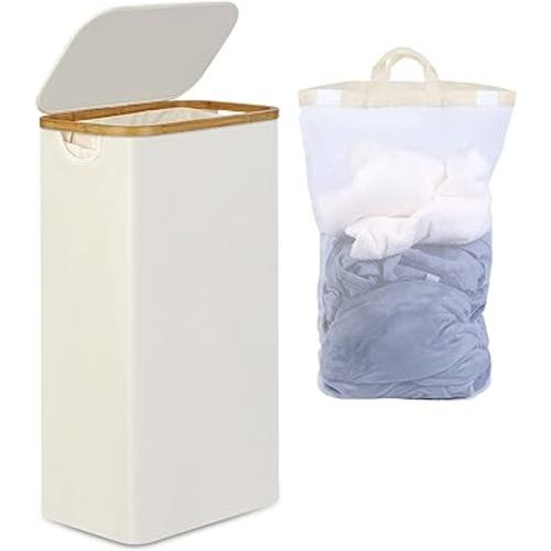Slim Laundry Hamper with Lid, Narrow Laundry Hamper with Removable Bag, Collapsible Dirty Clothes Basket with Handles for Bathroom, Bedroom & Laundry Room, 75L Beige