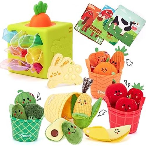 hahaland Baby Sensory Toys - 16 PCS My First Fruit Vegetable Color Sorting Play Food and Baby Tissue Box Toy - Silicone Baby Toys 6-12 Months Montessori Toy for 6 Month Old