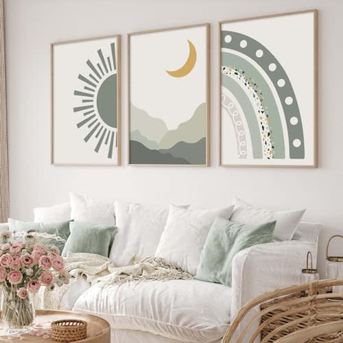 AISSPINGET Boho Nursery Wall Art Sage Green Boho Wall Art Set of 3 Rainbow Nursery Artwork Mid Century Sun Moon Mountain Rainbow Poster 12x16inchx3PCS No Frame
