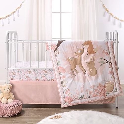 The Peanutshell 3 Piece Baby Crib Bedding Set for Girls - Newborn, Infant & Toddler Nursery Bed Set Decor with Fitted Crib Sheet, Dust Ruffle, Crib Comforter - Fairytale Forest