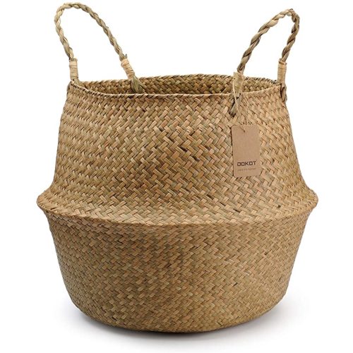 DOKOT Seagrass Plant Basket with Handles, Round Storage Wicker Basket (10.6inch Diameter x 12.5inch Height, Natural)