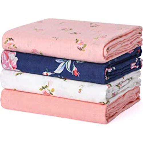 Momcozy Muslin Swaddle Blanket Baby Girl Newborn, 4 Pack Large Wrap Swaddle Blankets Soft Silky Breathable (70% Bamboo + 30% Cotton), Receiving Blanket, Floral Design