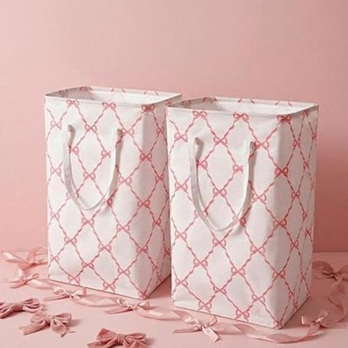 Leinuosen 2 Pcs 80l Large Bow Pink Laundry Hamper Basket with Waterproof Inner Lining, Collapsible Pink Clothes Storage Baskets Bin with Handles for Bedroom, Nursery & Home Organization(Grid)