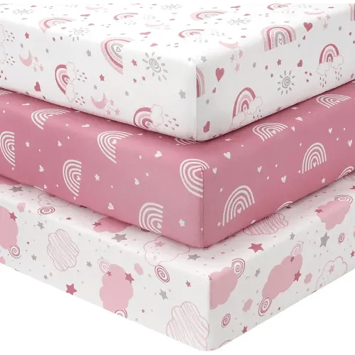 Baby Mini Crib Sheets Girl, Portable 38”x26” Pack and Play Sheets Fitted for Playard and Pack N Play Mattress, 3-Pack Soft Microfiber Pink Rainbow