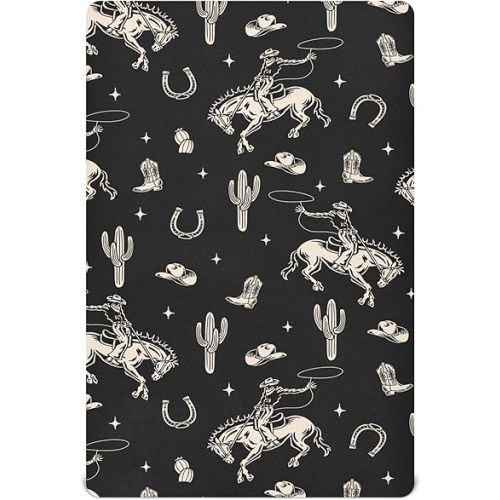 Western Cactus Cowboy Black Crib Sheets Soft Breathable Fitted Baby Crib Sheets Mattress Cover for Girls Boy, 52" x 28" x 9"