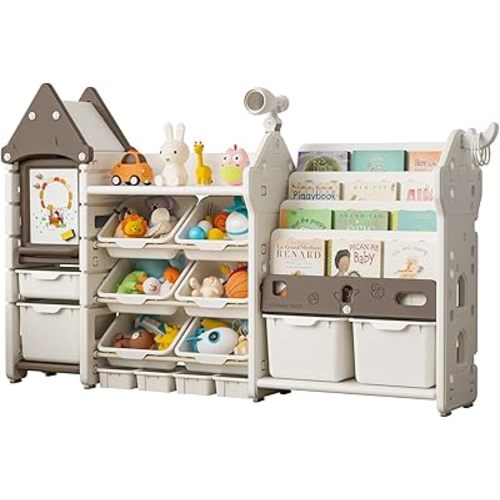 UNICOO® Magic Castle Kids Toy Storage & Bookshelf Organizer with 14 Easy-Pull Bins, Durable HDPE Material, Multifunctional Play Collection with Painting Board & Telescope, Children's Bookcase (Brown)