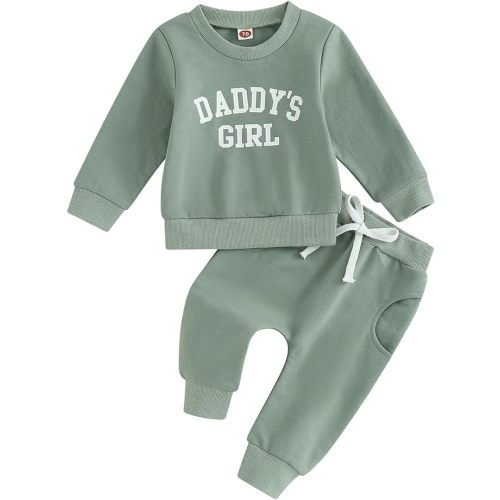 0-6 Months Baby Girl Clothes Daddys Girl Long Sleeve Pullover Sweatshirt Stretch Jogger Pants Infant Fall Winter Outfit - Daddys Girl Green