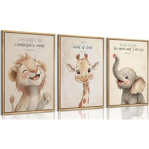 3Pcs Framed Bible Verses Christian Nursery Safari Animals Wall Art Child of God Cute Animals Picture Wall Decor Lion Giraffe Elephant Poster Print Artwork for Kids Boys Girls Room Home Decoration