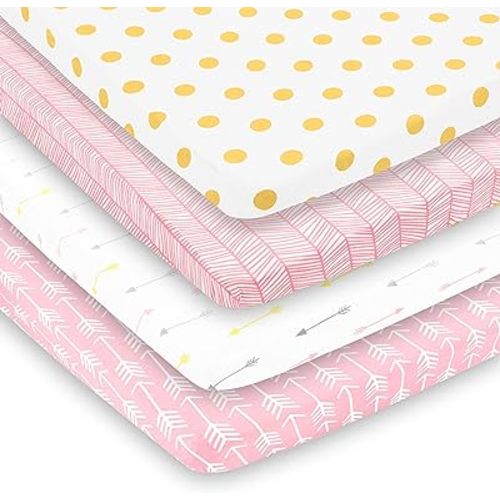 Pack n Play Sheets – Premium Pack and Play Sheets 4 Pack – 100% Super Soft Jersey Knit Cotton Playard Mattress Sheets – Portable Playpen Fitted Play Yard Mini Crib Sheet for Girl (24 x 38 x 5)