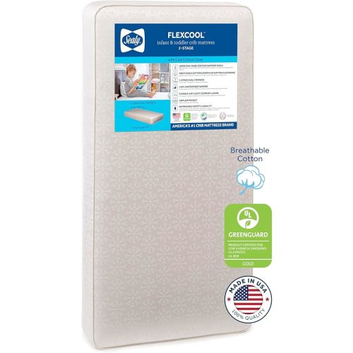 Sealy Flex Cool Breathable Hypoallergenic 2-Stage Dual Firm Waterproof Baby Crib Mattress & Toddler Bed Mattress, Cotton Cover, 204 Premium Coils, Air Quality Certified, Made in USA, 52"x28"