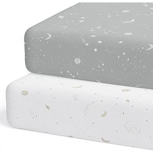 2-Pack Crib Sheet for Standard Crib Mattress (Galaxy, Moon and Stars) - Premium Fitted Sheets - Buttery Soft Cotton Blend