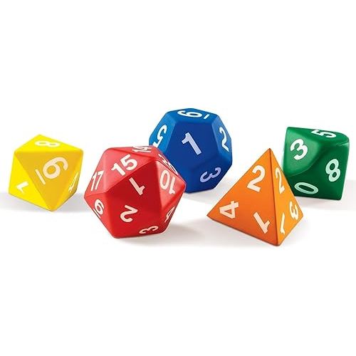 Learning Resources Jumbo Foam Polyhedral Dice, 5 Dice, 4, 8, 10, 20 Sides, Ages 5+, Multicolor, 3 W in