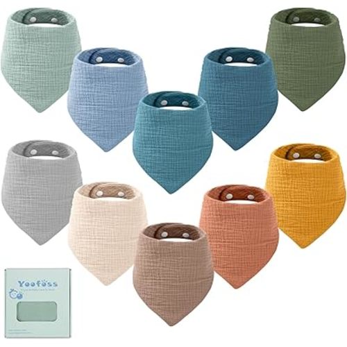 Yoofoss Muslin Baby Bibs 10 Pack Bandana Bibs 100% Cotton 6-Layer Soft Absorbent Drool Bibs for Boys and Girls, Beige & Blue
