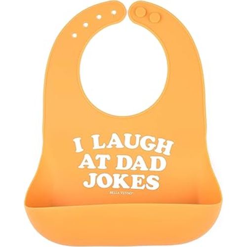Baby Bib for Eating by Bella Tunno, Waterproof Silicone Bib with Large Food Catcher, Adjustable Fit for Babies 4-12 months & Toddlers 1-3 Years, Boys & Girls, I Laugh At Dad Jokes