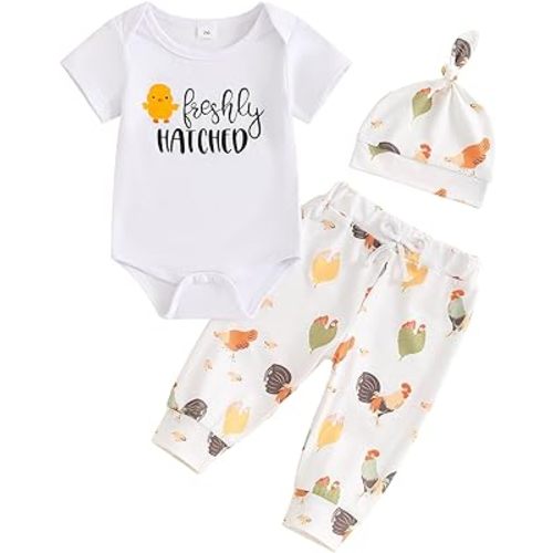 Omkzanbi Newborn Baby Girl Boy Summer Clothes Freshly Hatched Bodysuit Farm Chick Pants Hat Gender Neutral Coming Home Outfit