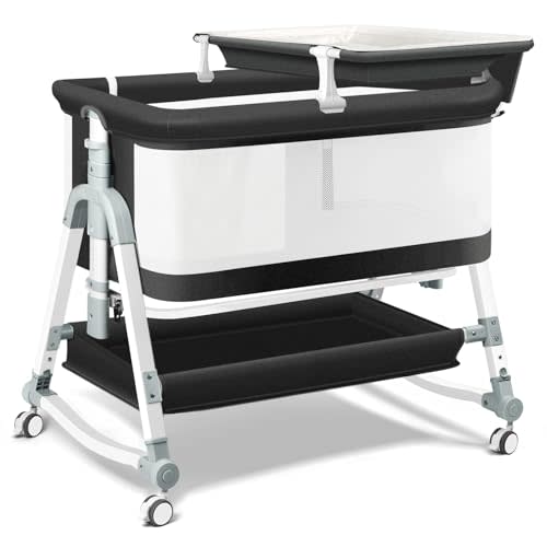 Uuoeebb 4 in 1 Bedside Bassinet for Baby, Portable Baby Bassinet with Wheels, Baby Crib with Changing Station, Mattress Included and Storage, Foldable Travel Bassinet for Baby/Infant/Newborn - Mesh