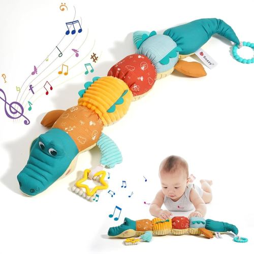 Tummy Time Toys 0-6 Months Baby Musical Stuffed Animal Infant Toys with Ruler Design, Rattle and Multi-Textures, 0-3-6-12 Months Newborn Toys for Babies, Alligator & Crocodile