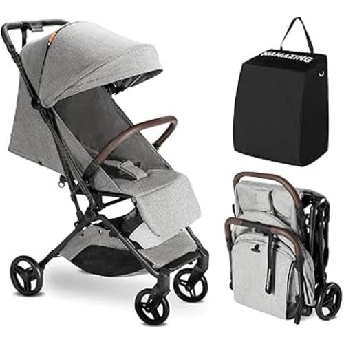 MAMAZING Lightweight Baby Travel Stroller with Carbon Fiber Frame, Compact & Airplane-Friendly, One-Handed Folding Design, 11.6 lbs, Perfect for Toddlers, Grey
