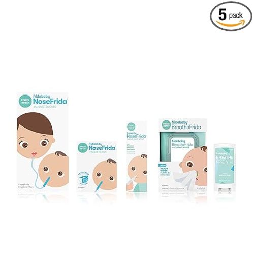 Frida Baby Cold and Flu Relief Set, Congestion Relief Kit, Includes the NoseFrida Nasal Aspirator, Hygiene Filter, Saline Nasal Spray, Baby Vapor Rub & Vapor Nose & Chest Wipes